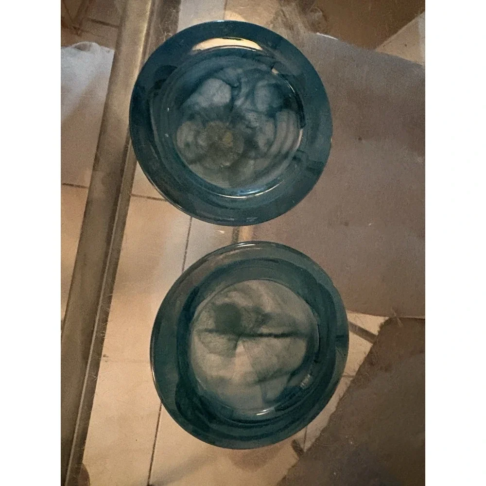 VTG PartyLite Teal Blue Swirl Heavy Glass Votive Tealight Candle Holders Pair